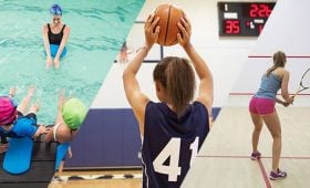 montage of sports images, children learning to swim, girl playing basketball, woman playing squash